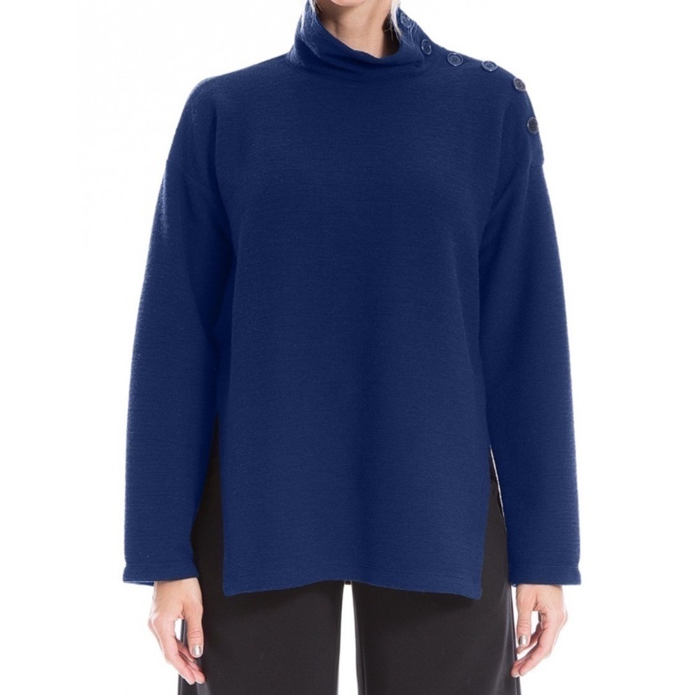Max Studio Sapphire Navy Button-Accent Split-Hem Textured Sweatshirt- Sz XS, NWT